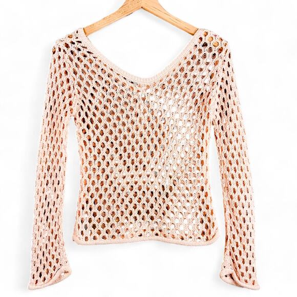 Cottagecore Pink Handmade Crochet Open Knit Sweater XS/S Whimsycore Roses Fairy - Picture 3 of 4